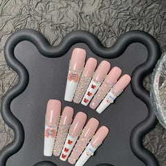 UNIKOO Cartoon Cute Pink Diamond Butterfly Long Coffin Press On Nails