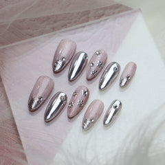 UNIKOO Pink Embossed Mirror Powder almond Press-on Nails