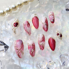 UNIKOO Pink Marble Pearl red almond Press-on Nails