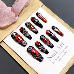 Hand-Painted Halloween Devil's Eye Cross Press-On Nails