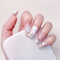 UNIKOO pink cute Long Pearl Love Ballet Press-on Nails
