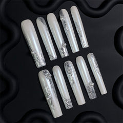 Liquid Metal Silver Pearl Long Press-On Nails