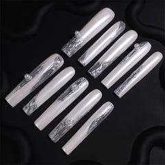 Liquid Metal Silver Pearl Long Press-On Nails