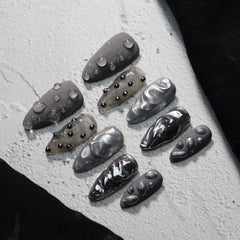UNIKOO almond dark Gray Mystery black Galaxy Press-on Nails