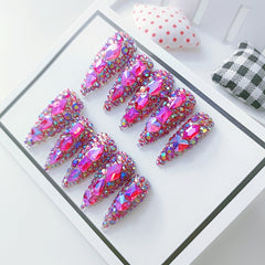 Long Water Drops Laser Purple Diamond Press-on Nails