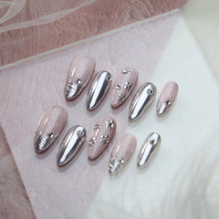 UNIKOO Pink Embossed Mirror Powder almond Press-on Nails