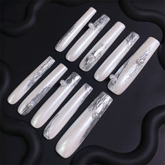 Liquid Metal Silver Pearl Long Press-On Nails