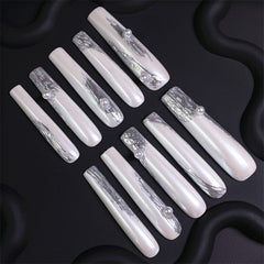 Liquid Metal Silver Pearl Long Press-On Nails
