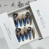 UNIKOO BLUE CATS EYES LONG OVAL PRESS ON NAILS