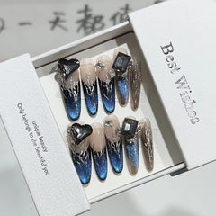 UNIKOO BLUE CATS EYES LONG OVAL PRESS ON NAILS