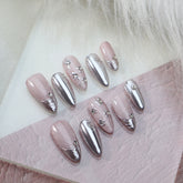 UNIKOO Pink Embossed Mirror Powder almond Press-on Nails