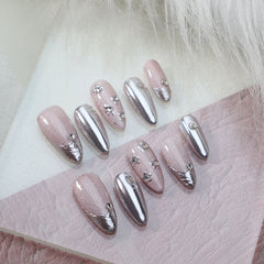UNIKOO Pink Embossed Mirror Powder almond Press-on Nails