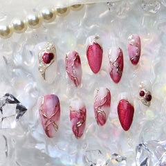 UNIKOO Pink Marble Pearl red almond Press-on Nails