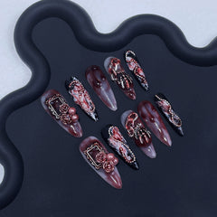 Handmade Dark Gothic Blood-Stained Rose Press-On Nails