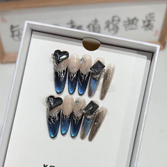 UNIKOO BLUE CATS EYES LONG OVAL PRESS ON NAILS