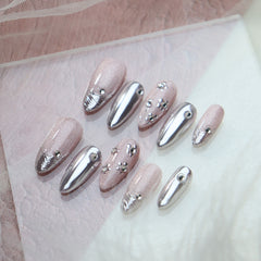 UNIKOO Pink Embossed Mirror Powder almond Press-on Nails