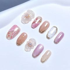 Handmade Wire-Embroidered Flower Liquid Metal Press-On Nails