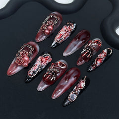 Handmade Dark Gothic Blood-Stained Rose Press-On Nails