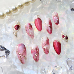 UNIKOO Pink Marble Pearl red almond Press-on Nails