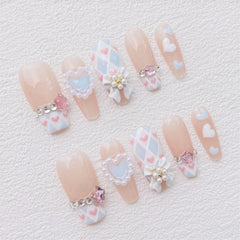 UNIKOO pink cute Long Pearl Love Ballet Press-on Nails