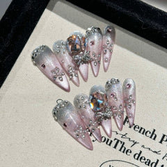 UNIKOO Luxurious Pink Chain Rhinestones Stiletto PRESS ON NIALS
