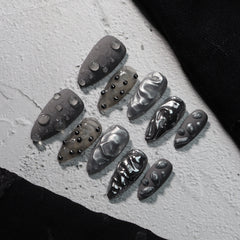 UNIKOO almond dark Gray Mystery black Galaxy Press-on Nails