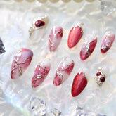 UNIKOO Pink Marble Pearl red almond Press-on Nails