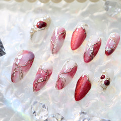 UNIKOO Pink Marble Pearl red almond Press-on Nails