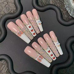 UNIKOO Cartoon Cute Pink Diamond Butterfly Long Coffin Press On Nails