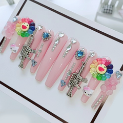 Super Long Colorful Flower Love Diamond Press-on Nails