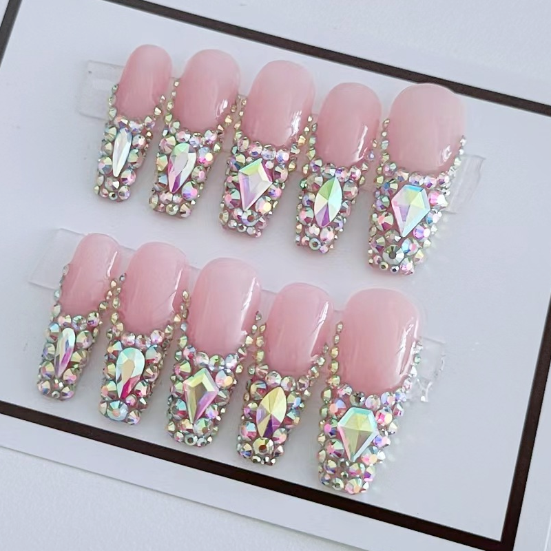Pink Trapezoidal Silver Diamond Press-on Nails