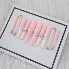 Super Long Water Drop White Flower Diamond Press-on Nails