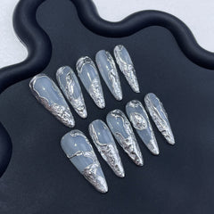 UNIKOO Gray Silver Long Almond Press-on Nails