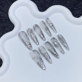 UNIKOO Gray Silver Long Almond Press-on Nails