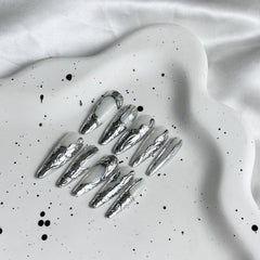 UNIKOO Gray Silver Long Almond Press-on Nails