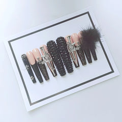 Ak Gun Black Fur Ball French Press-on Nails