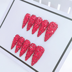Long Water Drops Red Diamond Press-on Nails