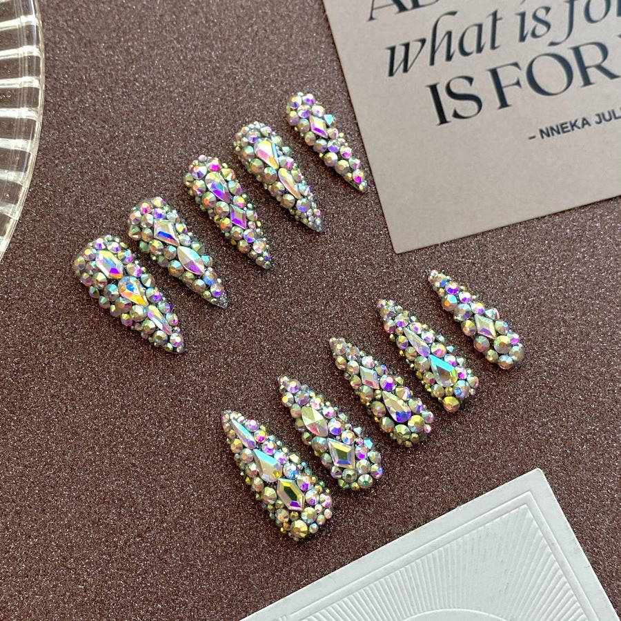 Handmade Press-On Nails Sparkling Aurora AB Colorful Full Rhinestone Long Stiletto