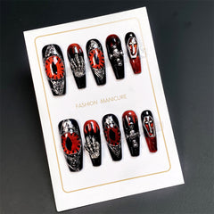 Hand-Painted Halloween Devil's Eye Cross Press-On Nails | UNIKOO