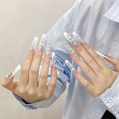 UNIKOO White French V-tip Long Square Press-on Nails