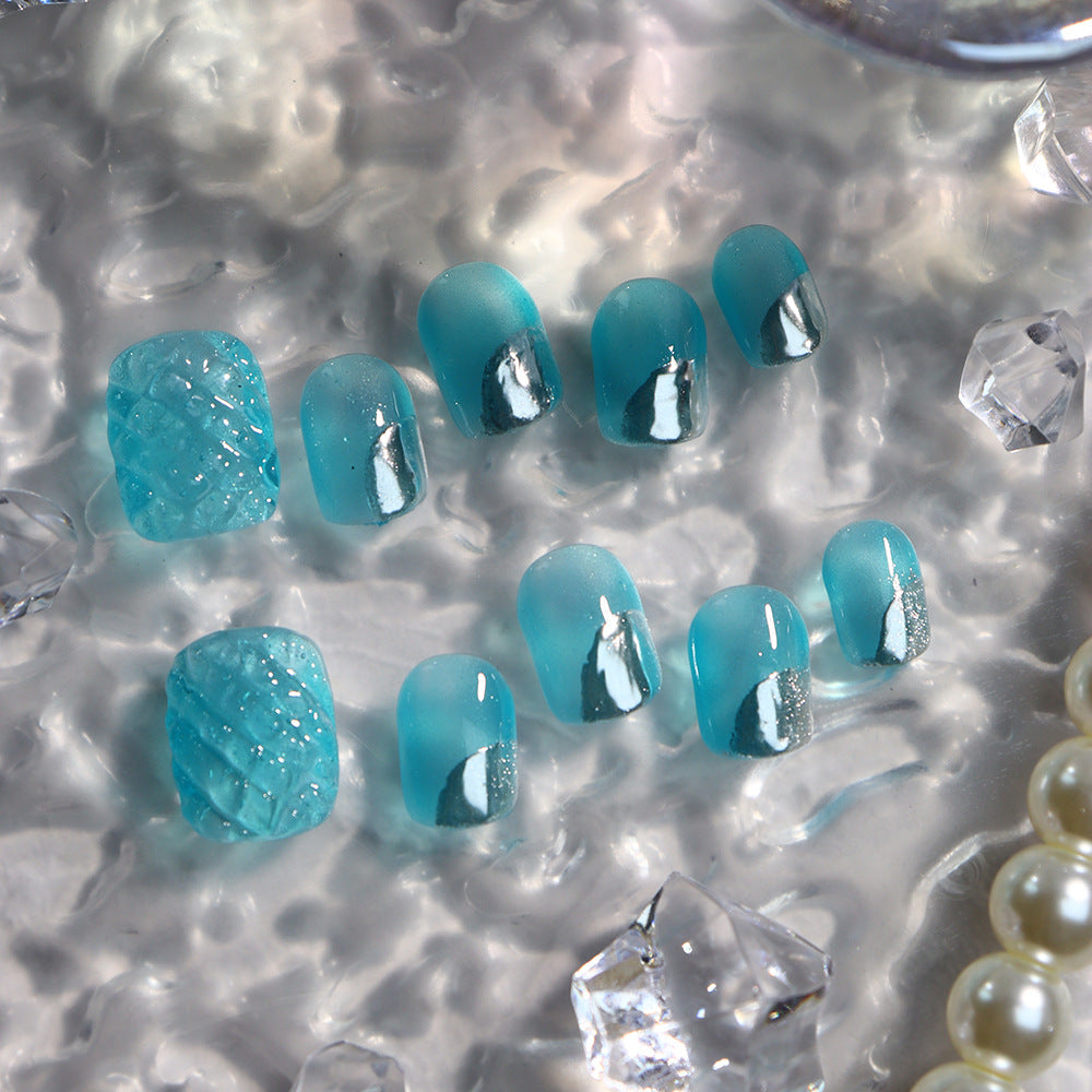 UNIKOO Summer Blue Rhombus Clear Glaze short Squoval Press-on Nails
