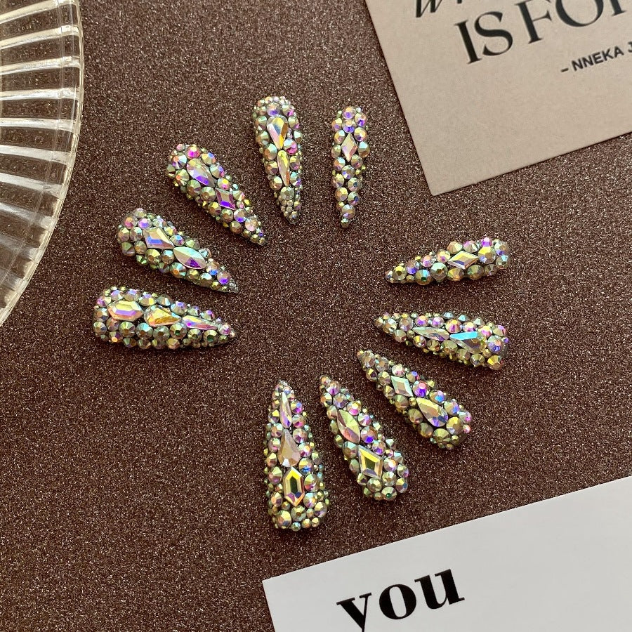 Handmade Press-On Nails Sparkling Aurora AB Colorful Full Rhinestone Long Stiletto