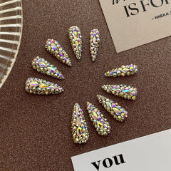 Handmade Press-On Nails Sparkling Aurora AB Colorful Full Rhinestone Long Stiletto