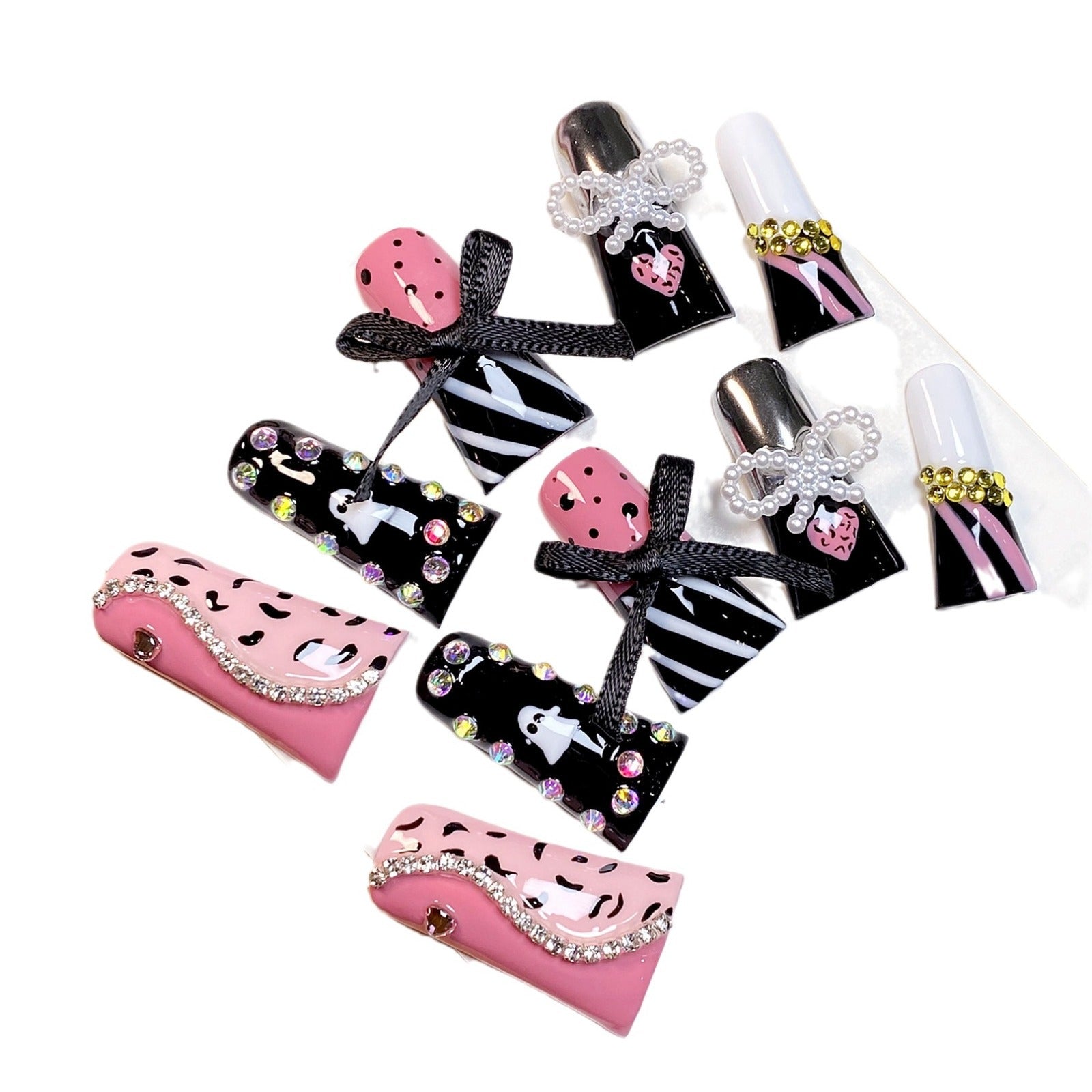 UNIKOO Hand-Painted Bowknot Bunny Duckbill Shape Press-On Nails