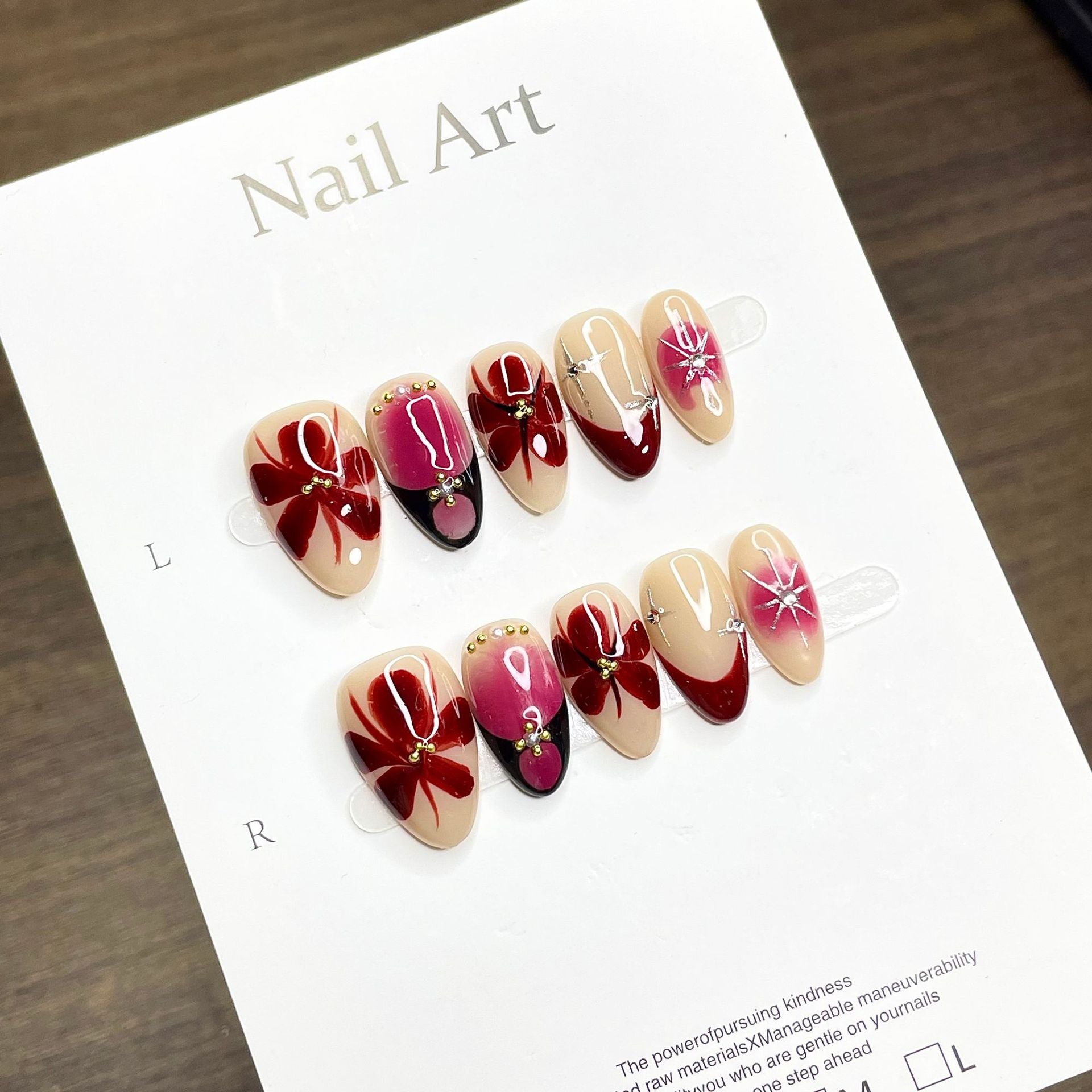 Sweet and elegant red handmade almond nail