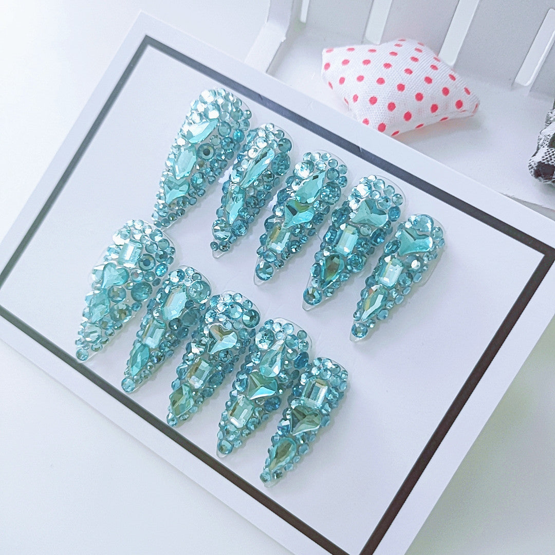 Long Water Drops Lake Blue Diamond Press-on Nails
