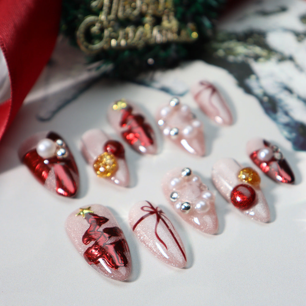 Unikoo Christmas Red Bell Almond Press-on Nails