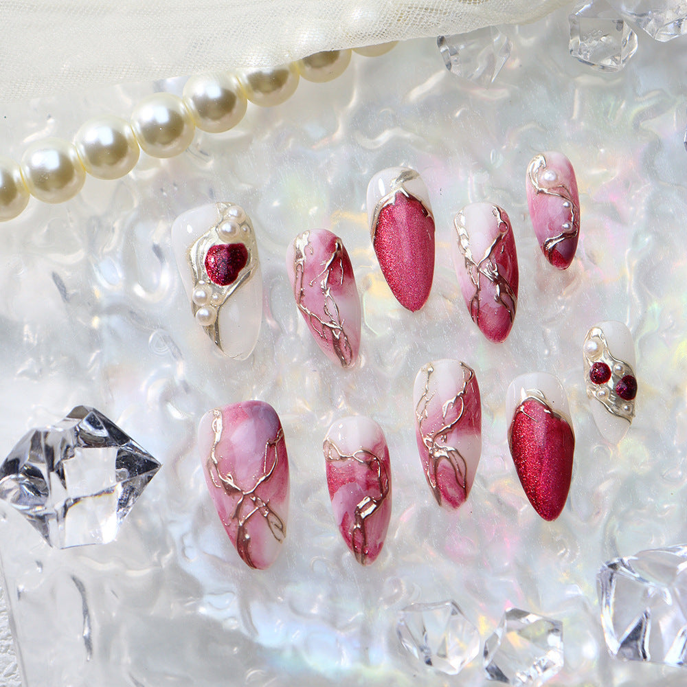 UNIKOO Pink Marble Pearl red almond Press-on Nails