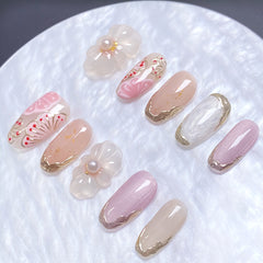 Handmade Wire-Embroidered Flower Liquid Metal Press-On Nails