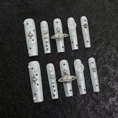 UNIKOO White Diamond Long Square Press-on Nails